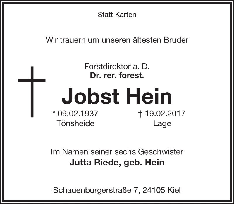  Traueranzeige für Jobst Hein vom 21.02.2017 aus Lippische Landes-Zeitung