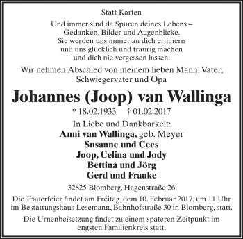 Anzeige  Johannes van Wallinga  Lippische Landes-Zeitung