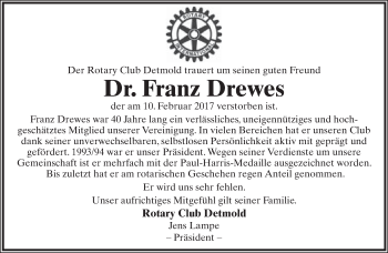 Anzeige  Franz Drewes  Lippische Landes-Zeitung