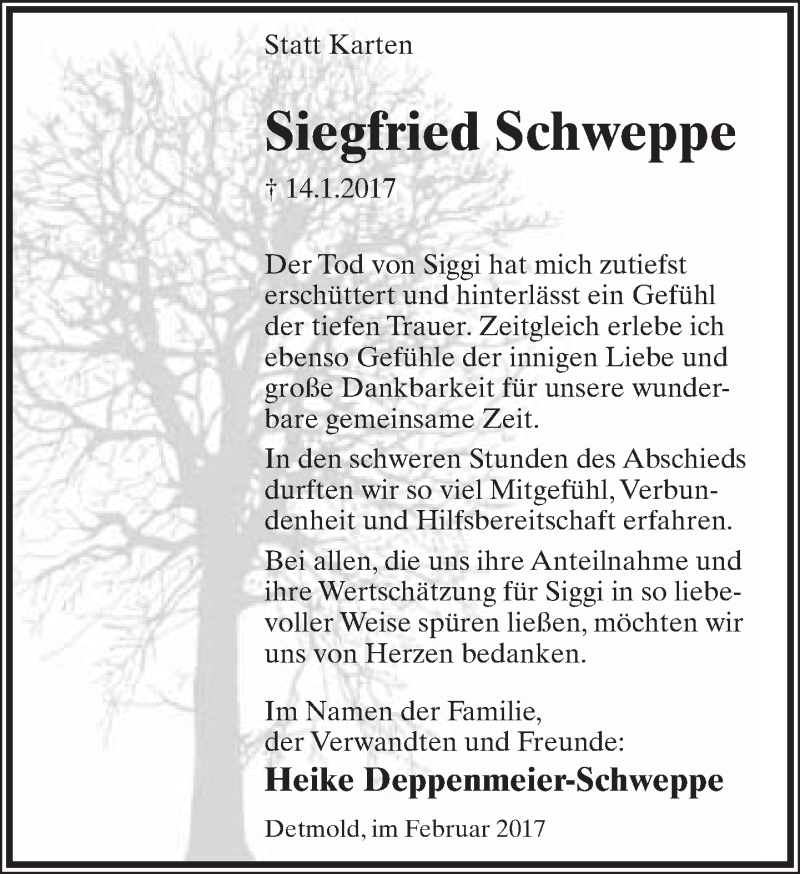  Traueranzeige für Siegfried Schweppe vom 25.02.2017 aus Lippische Landes-Zeitung