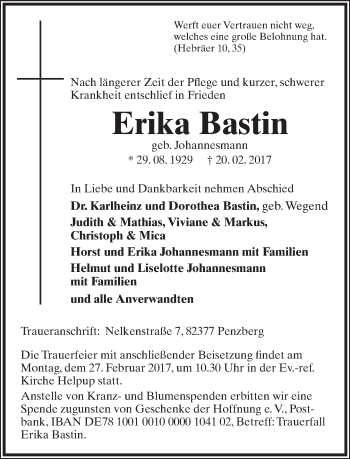 Anzeige  Erika Bastin  Lippische Landes-Zeitung