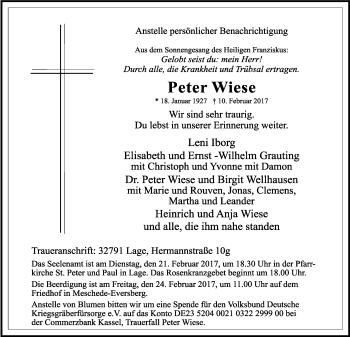 Anzeige  Peter Wiese  Lippische Landes-Zeitung