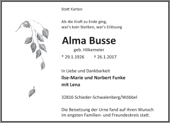 Anzeige  Alma Busse  Lippische Landes-Zeitung