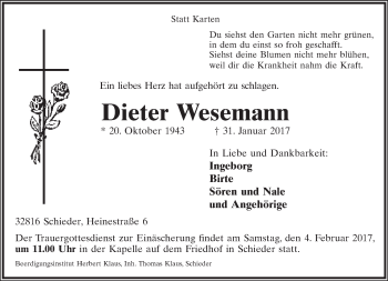 Anzeige  Dieter Wesemann  Lippische Landes-Zeitung