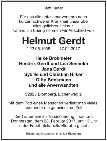 Anzeige  Helmut Gerdt  Lippische Landes-Zeitung