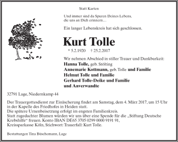 Anzeige  Kurt Tolle  Lippische Landes-Zeitung