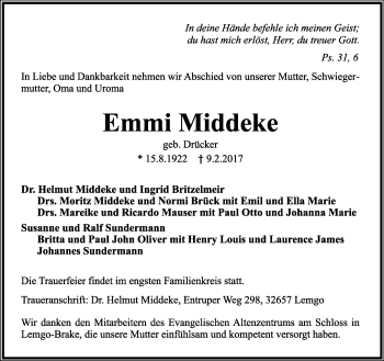 Anzeige  Emmi Middeke  Lippische Landes-Zeitung