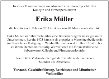 Anzeige  Erika Müller  Lippische Landes-Zeitung