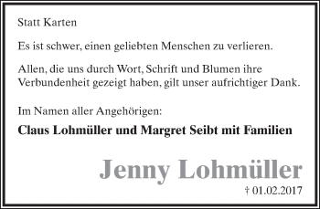 Anzeige  Jenny Lohmüller  Lippische Landes-Zeitung