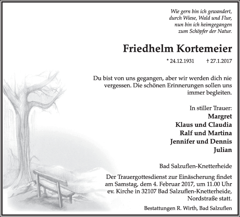  Traueranzeige für Friedhelm Kortemeier vom 01.02.2017 aus Lippische Landes-Zeitung