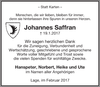 Anzeige  Johannes Saffran  Lippische Landes-Zeitung