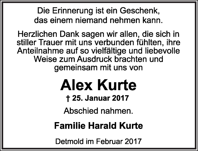 Traueranzeige für Alex Kurte vom 25.02.2017 aus Lippische Landes-Zeitung