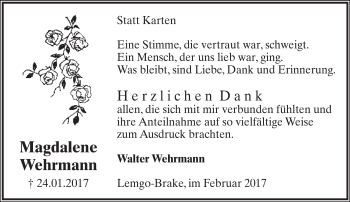 Anzeige  Magdalene Wehrmann  Lippische Landes-Zeitung