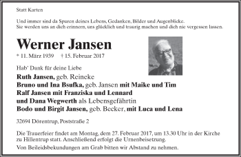 Anzeige  Werner Jansen  Lippische Landes-Zeitung