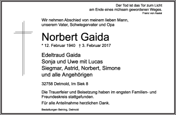 Anzeige  Norbert Gaida  Lippische Landes-Zeitung
