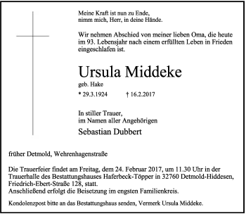 Anzeige  Ursula Middeke  Lippische Landes-Zeitung