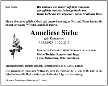 Anzeige  Anna-Luise Siebe  Lippische Landes-Zeitung