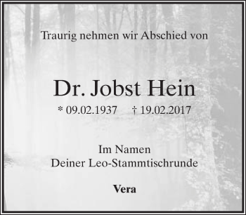 Anzeige  Jobst Hein  Lippische Landes-Zeitung