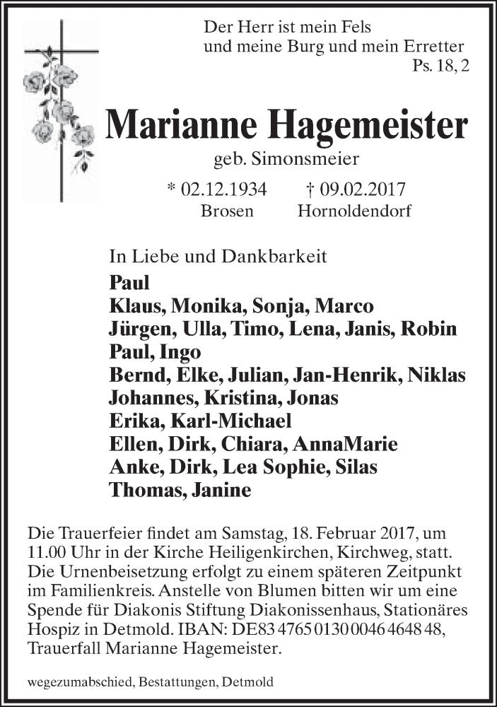  Traueranzeige für Marianne Hagemeister vom 15.02.2017 aus Lippische Landes-Zeitung