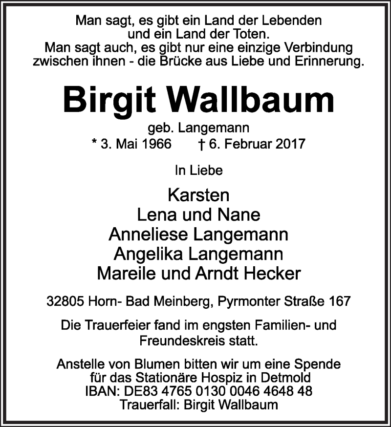  Traueranzeige für Birgit Wallbaum vom 11.02.2017 aus Lippische Landes-Zeitung