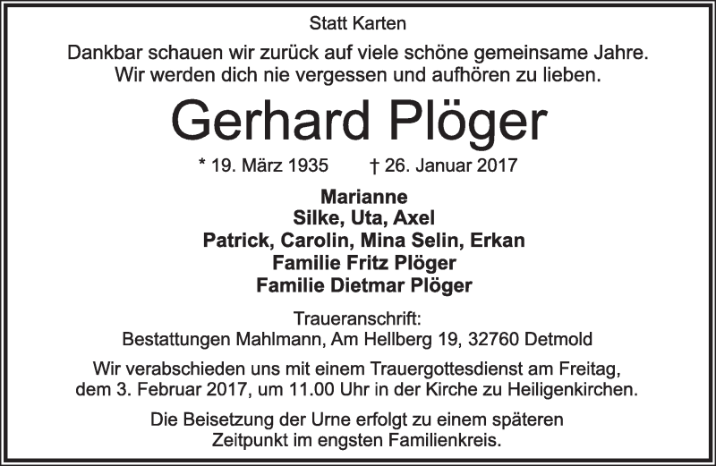  Traueranzeige für Gerhard Plöger vom 01.02.2017 aus Lippische Landes-Zeitung