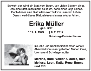 Anzeige  Erika Müller  Lippische Landes-Zeitung