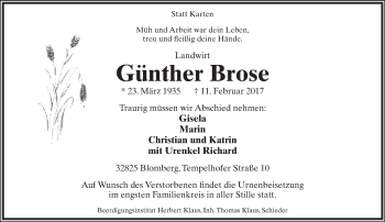 Anzeige  Günther Brose  Lippische Landes-Zeitung