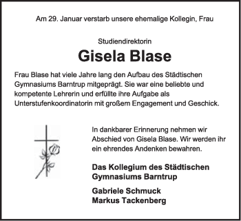 Anzeige  Gisela Blase  Lippische Landes-Zeitung