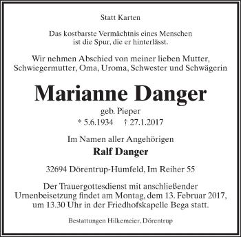 Anzeige  Marianne Danger  Lippische Landes-Zeitung