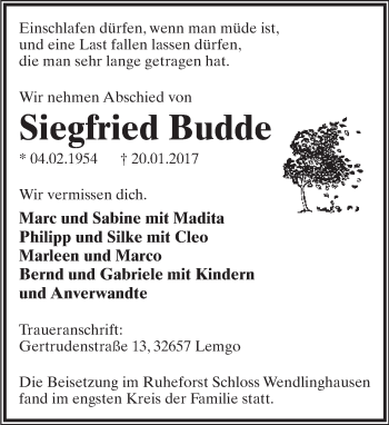 Anzeige  Siegfried Budde  Lippische Landes-Zeitung