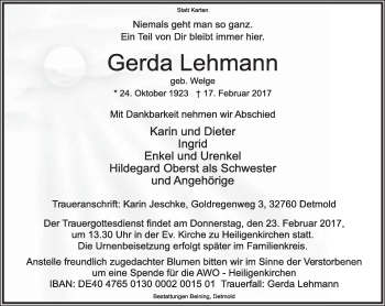 Anzeige  Gerda Lehmann  Lippische Landes-Zeitung