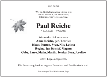 Anzeige  Paul Reiche  Lippische Landes-Zeitung