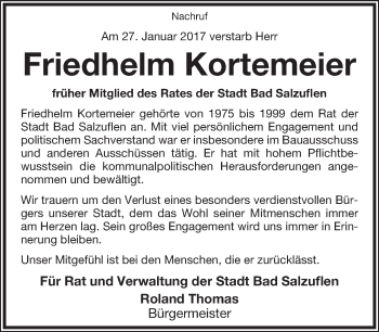 Anzeige  Friedhelm Kortemeier  Lippische Landes-Zeitung