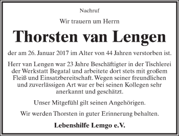 Anzeige  Thorsten van Lengen  Lippische Landes-Zeitung