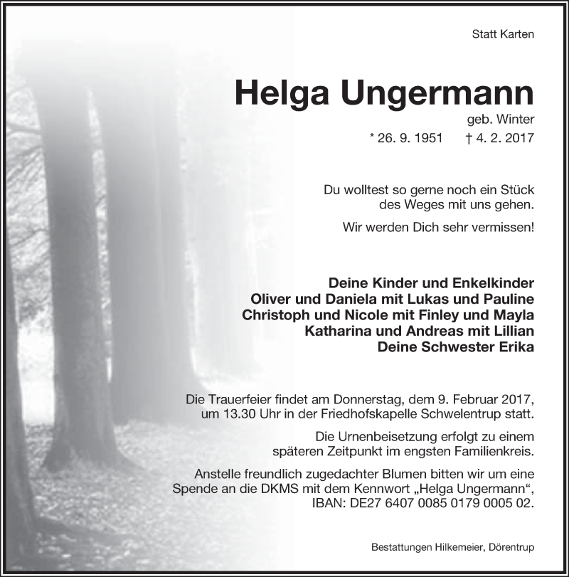  Traueranzeige für Helga Ungermann vom 07.02.2017 aus Lippische Landes-Zeitung