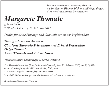 Anzeige  Margarete Thomale  Lippische Landes-Zeitung