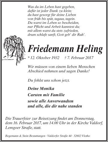 Anzeige  Friedemann Heling  Lippische Landes-Zeitung