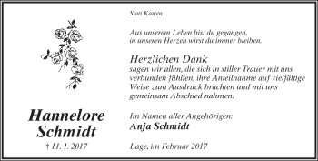 Anzeige  Hannelore Schmidt  Lippische Landes-Zeitung
