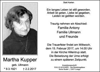 Anzeige  Martha Kupper  Lippische Landes-Zeitung