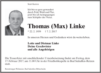 Anzeige  Thomas Linke  Lippische Landes-Zeitung