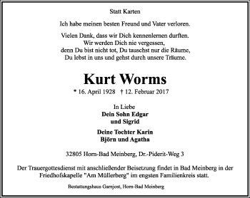 Anzeige  Kurt Worms  Lippische Landes-Zeitung