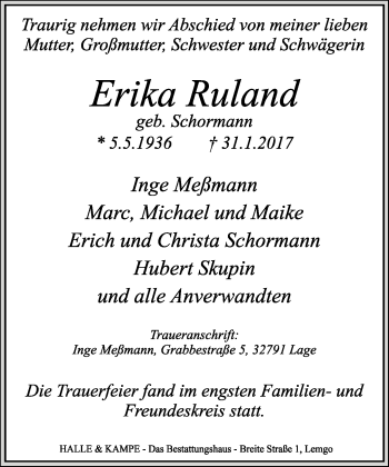 Anzeige  Erika Ruland  Lippische Landes-Zeitung