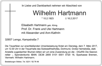 Anzeige  Wilhelm Hartmann  Lippische Landes-Zeitung