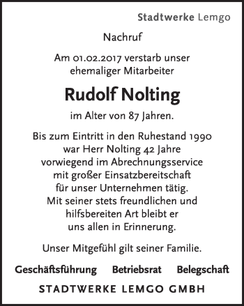Anzeige  Rudolf Nolting  Lippische Landes-Zeitung
