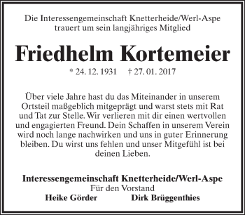 Anzeige  Friedhelm Kortemeier  Lippische Landes-Zeitung