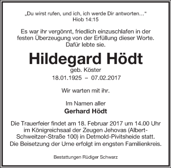 Anzeige  Hildegard Hödt  Lippische Landes-Zeitung