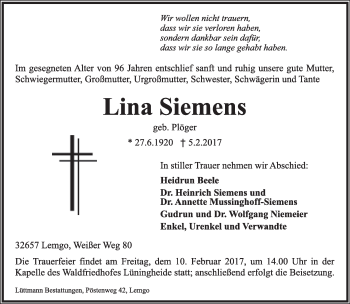 Anzeige  Lina Siemens  Lippische Landes-Zeitung