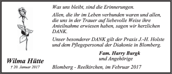 Anzeige  Wilma Hütte  Lippische Landes-Zeitung