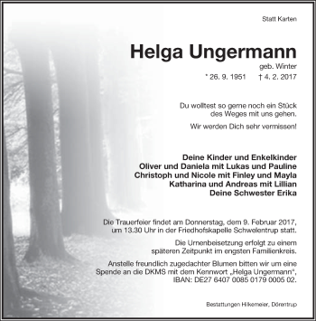 Anzeige  Helga Ungermann  Lippische Landes-Zeitung