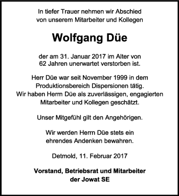 Anzeige  Wolfgang Düe  Lippische Landes-Zeitung